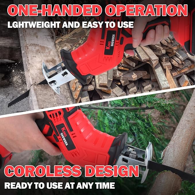 Cordless Reciprocating Saw | 21V 2000mAh * 2 Batteries, 3000RPM, 28mm Stroke Length, 4 Blades | Electric Power Reciprocating Saw for Wood Cutting