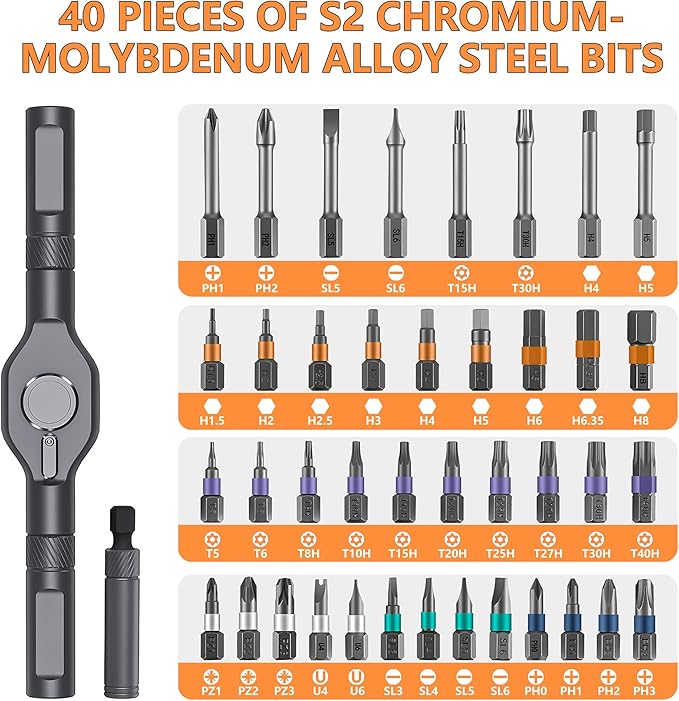 42-in-one magnetic ratchet screwdriver set, [S2 steel] 40-position + T-shaped handle, suitable for home use, automobiles, bicycles, motorcycles, electronic repair - portable tool storage box.