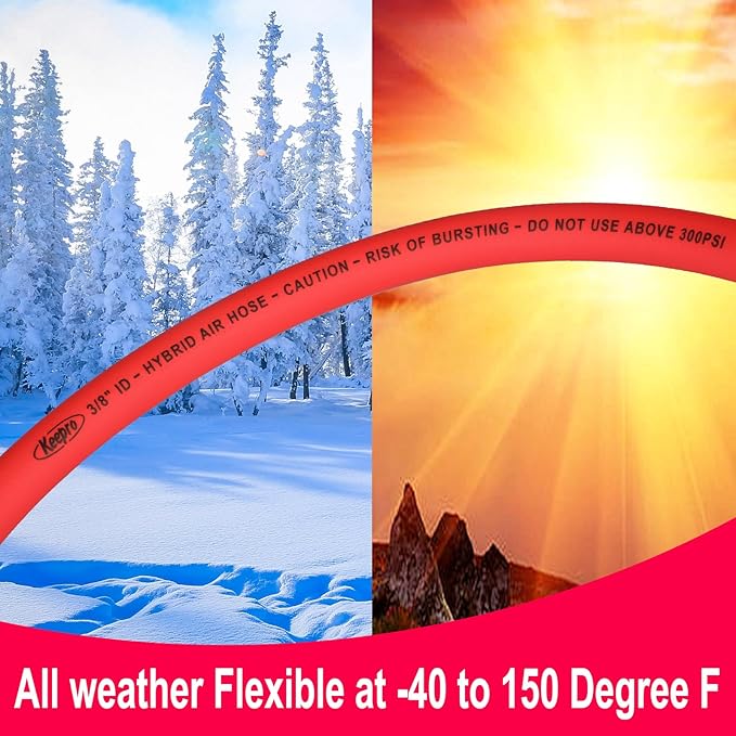 Keepro Hybrid Air Hose, Flexible 3/8 Inch ID x 6 Feet Long Lead-in Short Air Compressor Hose with Swivel Solid Brass 1/4" Industrial Quick Coupler and Plug, 300 PSI Maximum Pressure, Red