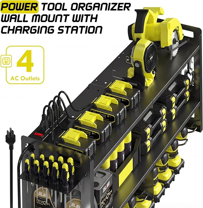 TOPRINCE Large Power Tool Organizer Wall Mount with Charging Station, 3-Tier Heavy Duty Metal Tool Rack with 8 Drill Holders and 6FT Power Strip, Garage Workshop Storage.Black