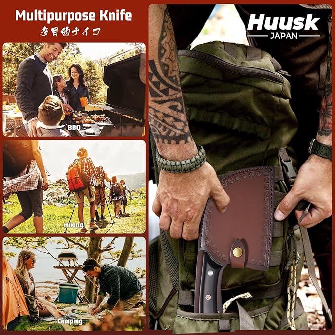 Huusk Upgraded Serbian Chef Knife - Forged Butcher Knife with Sheath, Japanese Meat Cleaver for Meat Cutting Heavy Duty Chopping Knives for Outdoor Cooking, Camping, Gifts for Men and Women