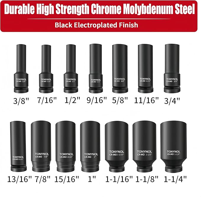 1/2 Inch Deep Drive Impact Socket Set,6-Point,SAE(3/8" to 1-1/4"),14 Pcs,Cr-Mo Steel,With a Storage Case