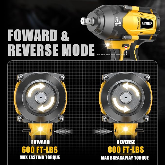 Impact Wrench Compatible with De-Walt 20V Battery: 1/2 Inch Hog Ring Impact Driver High Torque - 600 Ft-lbs Cordless Impact Gun - Brushless Motor with LED Light And Blet Clip - Tool Only