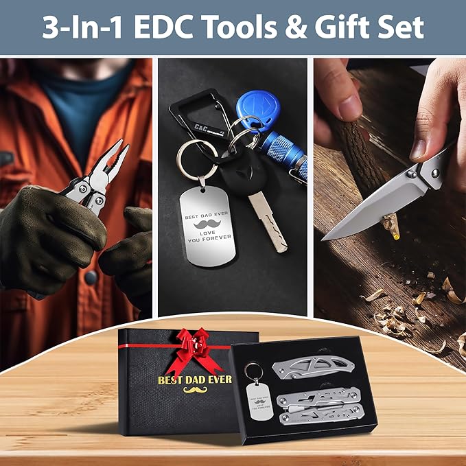 Multitools Gift Set ?쏝EST DAD EVER?? Gifts for Father 14-in-1 Multi-tool Pliers & Pocket Knife Set with Keychain Tag, 3-Piece EDC Kit for Camping - Premium Gifting Box for Birthday, Father?셲 Day