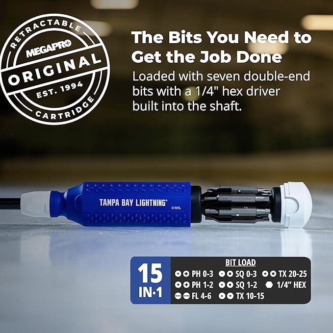 MEGAPRO짰 NHL짰 Team Edition Multi-bit Screwdriver | Officially Licensed NHL짰 Gear | Durable, Ergonomic, Pro-Grade Screwdriver (Tampa Bay Lightning짰)