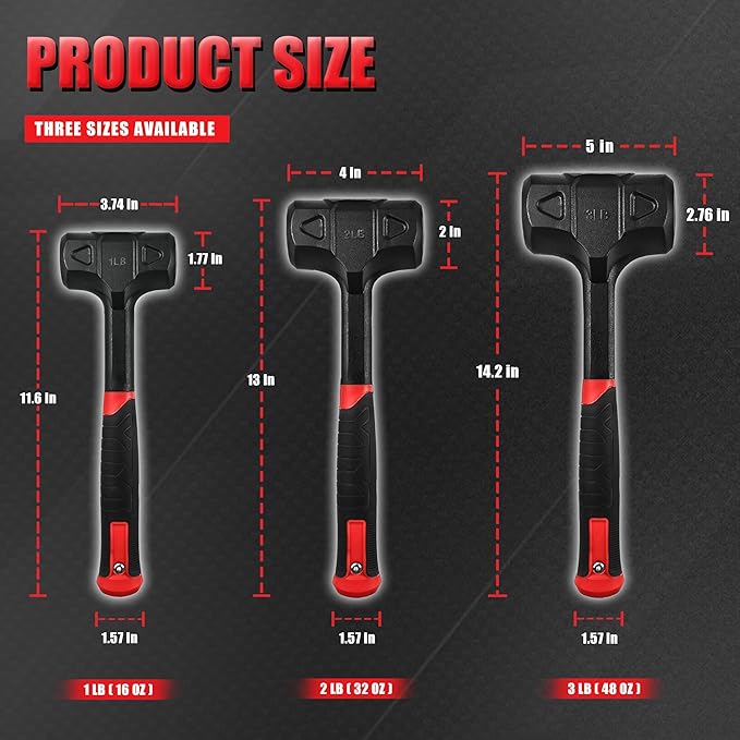 YIYITOOLS 3-Piece Dead Blow Hammer Set,16oz(1LB),32oz(2LB),48oz(3LB),Deadblow Hammers with One-Piece Forged Carbon Steel,Steel Ball-Filled Head,Anti-Vibration Rubber Grip,Spark and Rebound Resistant