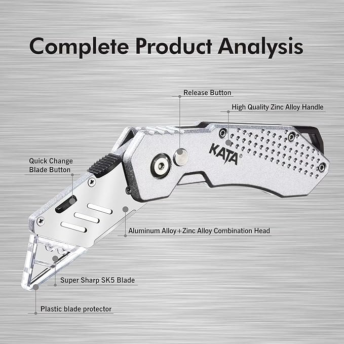 KATA 3-Pack Heavy Duty Box Cutter Folding Utility Knife With Zinc Alloy Body, Quick Change Blades, Lock-Back Design, Extra 12pc Blades For Cartons, Cardboard and Boxes