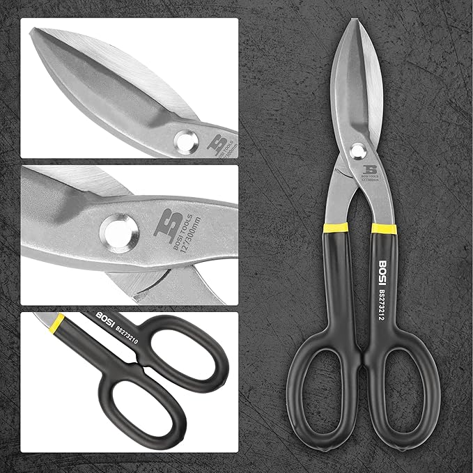 Tin Snips 12 Inch Flat Blade Metal Cutters Straight Shears Heavy Duty Drop Forged Carbon Steel Blade with Comfortable Rubber Dipped Handle for Cutting Sheet Metal