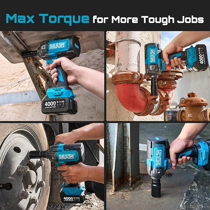 Seesii [Upgraded] Impact Wrench 1180 Ft-lbs (1600 N·m): 1/2" High-Torque Impact Gun with Detachable Handle, 21V Cordless Impact Driver 2x 4.0Ah Batteries for Car/Pickup Truck/Mower/Industrial Tasks
