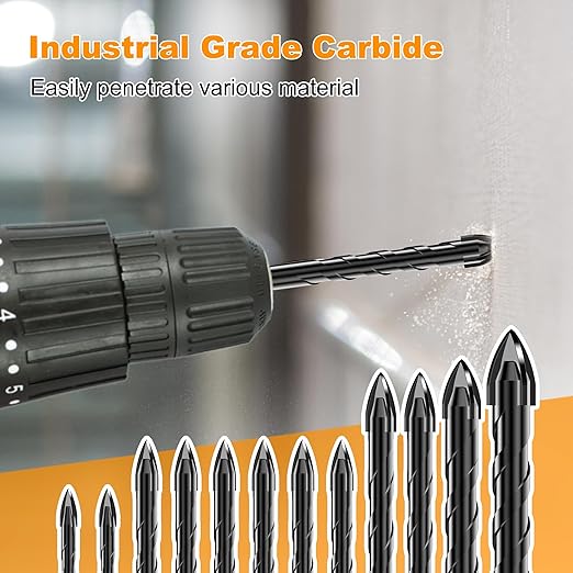 TITGGI 12PCS Masonry Drill Bit Set - Professional Concrete Drill Bits for Glass/Brick/Cement/Tile/Etc, Industrial Strength Carbide Cross Drill Bit Tips, 3/16"-1/2" by TITGGI