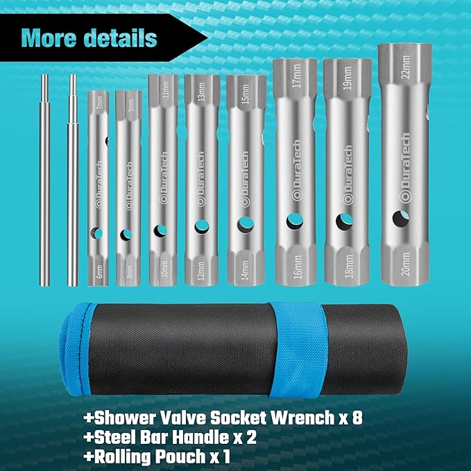 DURATECH 10-Piece Shower Valve Socket Wrench Set with Bar Handles, Metric, 6-22mm, for Removing Tub & Shower Valve, Home Plumbing Repairs