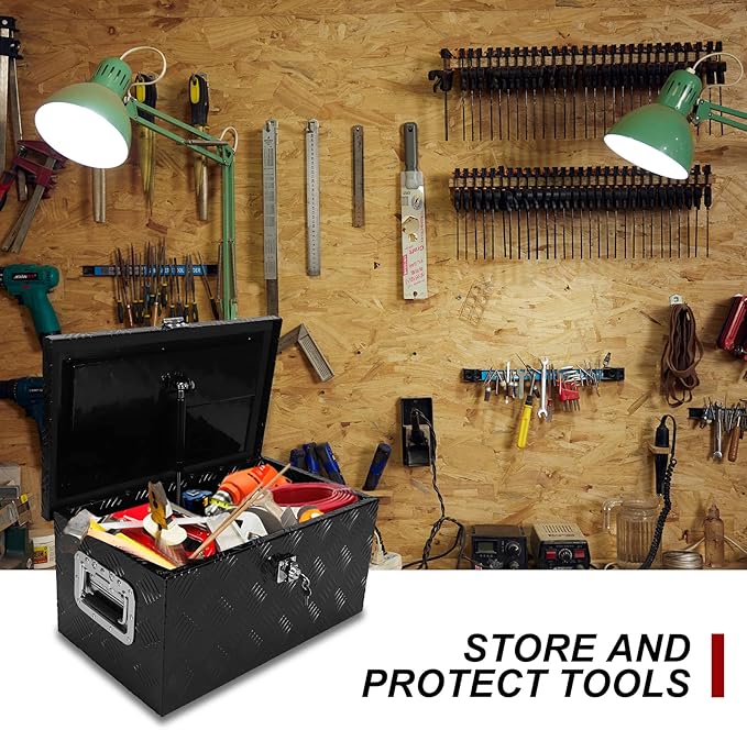 confote 20 Inch Aluminum Stripes Plated Tool Box Pick Up Truck Bed RV Trailer Toolbox Waterproof Square Storage Organizer with Side Handle, Lock and Keys -20"x 12"x 9.5"竊똁lack