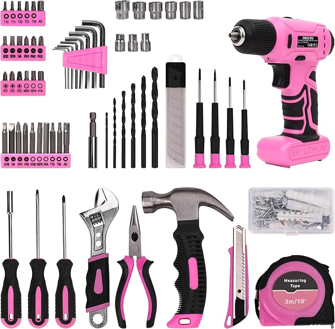 Pink Tool Set with 8V Cordless Drill, 158-Piece Home Repair Kit, General Household Hand Tools with Screwdriver, Pliers, Hammer, Wrench, knife, for women and men