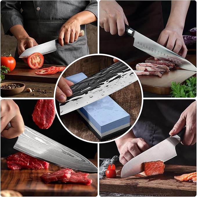 Whetstone Sharpening Stone Set, Dual Sided Grit 1000/6000 Knife Sharpener Set, Wet Stone Sharpening Kit with Nonslip Base, Angle Guide and Knife Holder (6pcs)