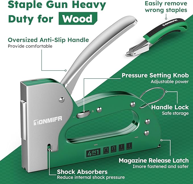 Tonmifr Heavy Duty 4 in 1 Staple Gun Larger Size, Effortless Operation - 1080째 Force Adjustment, Stapler Gun for Upholstery, Carpentry, Wood, Fabric, Furniture, Wall & DIY with Remover & 4000 Staples
