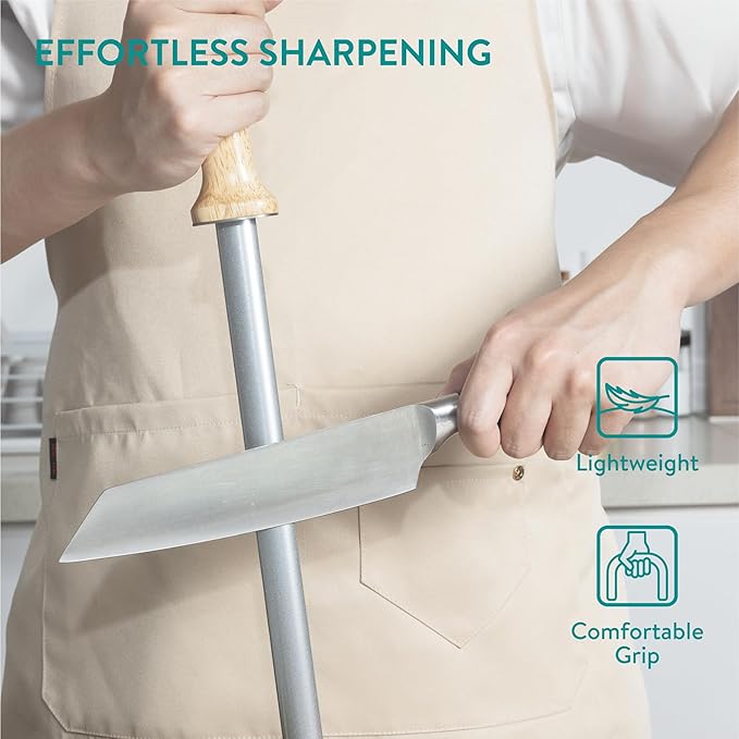 Navaris Diamond Sharpening Steel, 12 inch(31cm) Knife Sharpener with Ergonomic Wooden Handle, Honing Steel, Honing Rod for Knife Sharpening with Hanging Hook