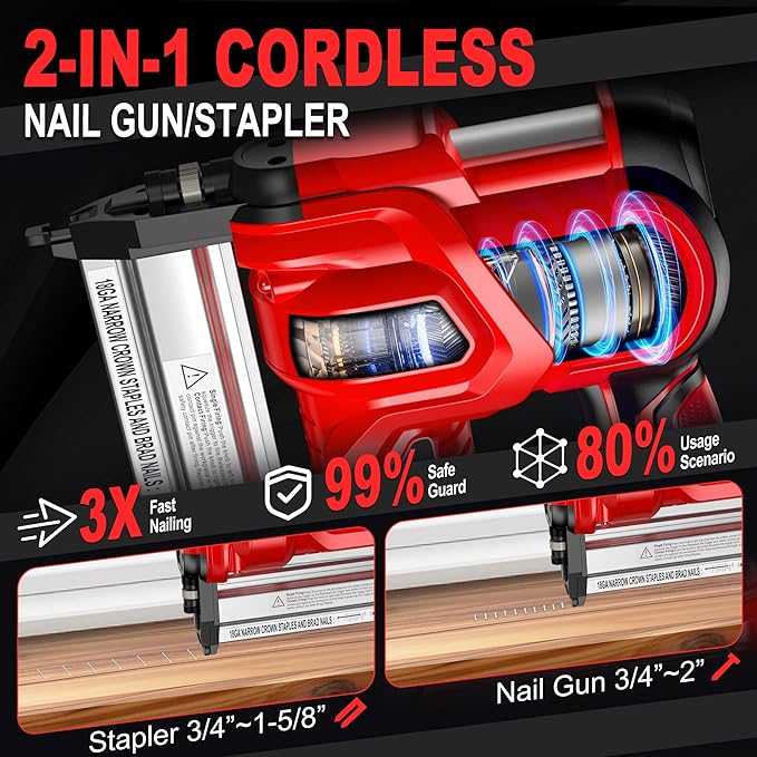 SILVEL 2" Cordless Brad Nailer, 2-in-1 21V Electric Brad Nailer Stapler with 2 * 4.0Ah Battery, 1000pcs Nails, 18GA Staples, Adjustable Depth for Woodworking, Home Improvement