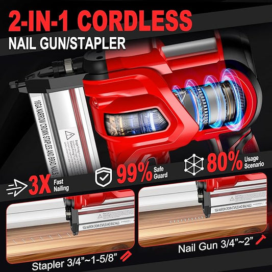 SILVEL 2" Cordless Brad Nailer, 2-in-1 21V Electric Brad Nailer Stapler with 2 * 4.0Ah Battery, 1000pcs Nails, 18GA Staples, Adjustable Depth for Woodworking, Home Improvement