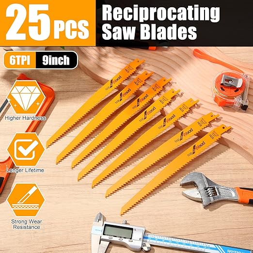 Lothee 25 Pack 6tpi Reciprocating Saw Blade Bulk Taper-Back Bi-Metal Saw Blades for Metal Woodcutting General Purpose Wood Cutting Pipe (9 Inch)