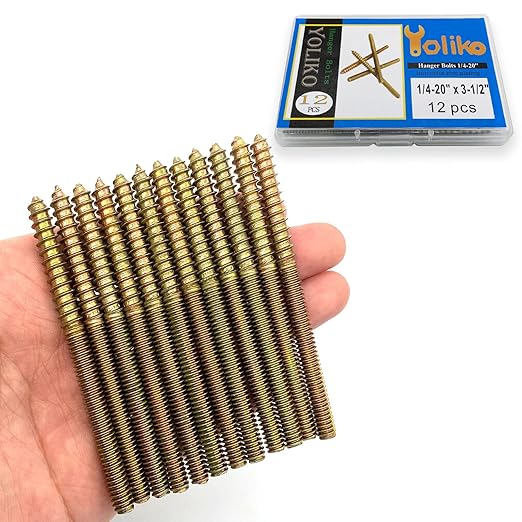 12 Pack 1/4-20 x 3-1/2 Inch Hanger Bolts 1/4-20" Double Headed Bolts 1/4 Wood Dowel Screw Self-Tapping Screw Hanger Bolts for Furniture Double Head Threaded Rods Bolt 90mm Length