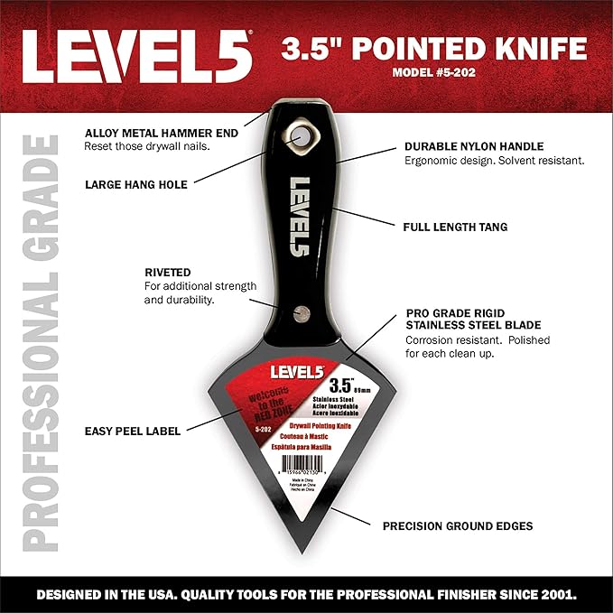 3.5" Pointed Stainless Steel Joint Knife - LEVEL5 | Metal Hammer End | Pro-Grade Finishing Tools | Drywall Wallboard Plasterboard Paint | 5-202