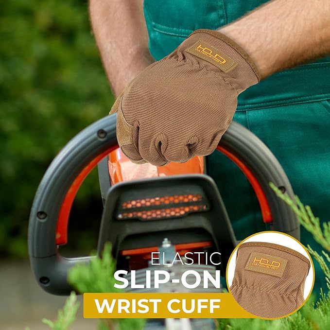 HANDLANDY Men Leather Gardening Gloves, Utility Work Gloves for Mechanics, Construction, Driver