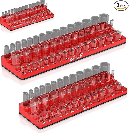 Olsa Tools Magnetic Socket Organizer | 3pc Socket Holder Kit | 1/2-Inch, 3/8-Inch, & 1/4-Inch Drive | Socket Organizers For Toolboxes | Red | Holds 123 | Professional-Grade Tool Organizer | Part 1560