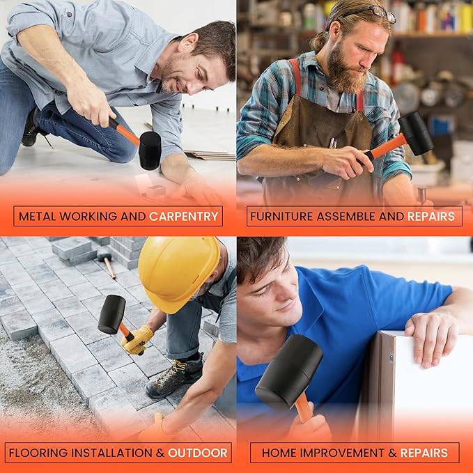 24oz Rubber Mallet Hammer | Non-Marring Soft Blow Mallet with Fiberglass Shock-Absorbing Handle for Woodworking, Flooring, Camping, and Assembly