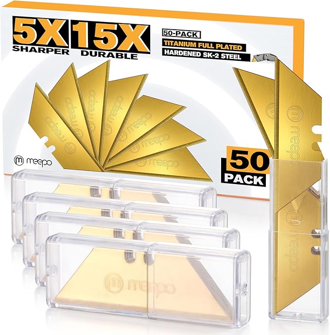 50-Pack Utility Knife Blades, Titanium Fully Plated, Durable SK-2 Razor Blades for Utility Knife Box Cutter, Never Rust, Extra Durable