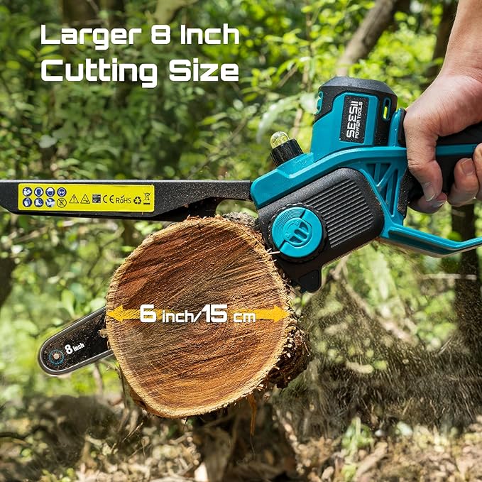 SEESII 8-Inch Cordless Mini Chainsaw, 2025 Upgraded Brushless Motor, Electric Chainsaw with 2×4000mAh Batteries, Tool-Free Chain Tension & Oiler, Handheld Saw for Fast Tree Branch Cutting（M8 Boost）