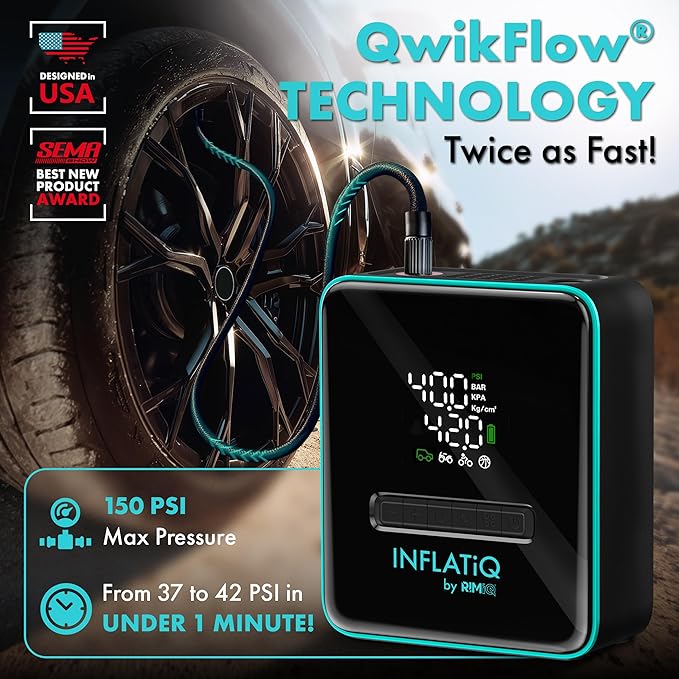 INFLATiQ by RIMiQ Portable Tire Inflator Air Compressor ??Twice as Fast QwikFlow Technology with Auto Shut-Off ??11.1V Rechargeable Air Pump with Metal Gears and Premium Carry Case (2 Pack)