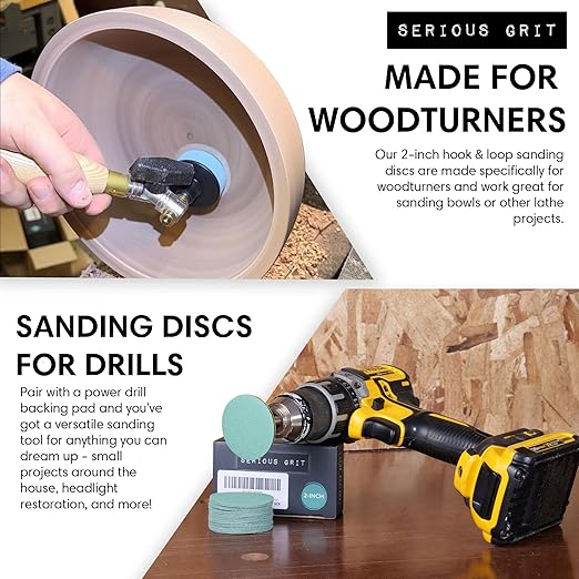 Serious Grit - 2-Inch 320 Grit Sanding Discs - Heavy-Duty Hook & Loop Film Discs - Sandpaper for Woodturning, Bowl Sanding & Power Tool Drill Attachment Sanding Pads - Pack of 50