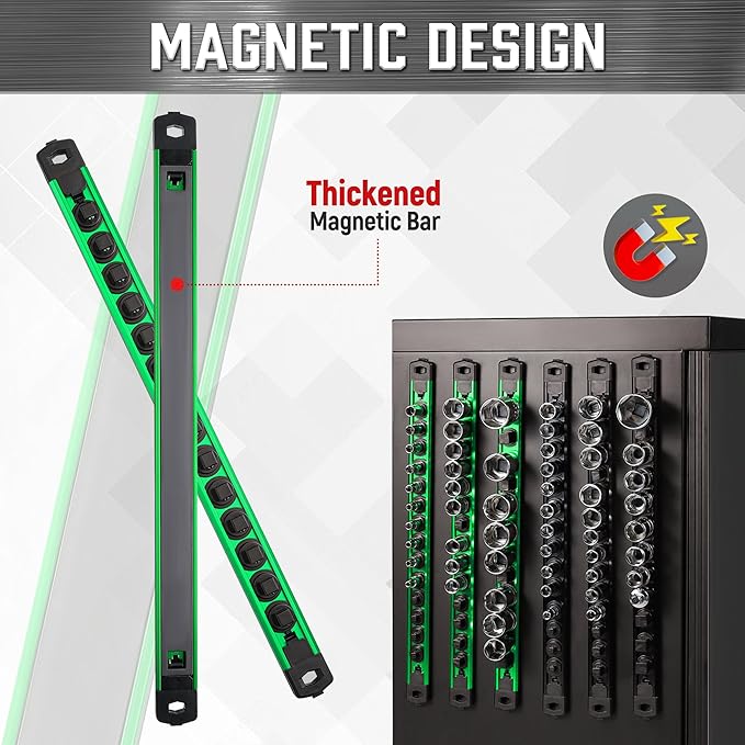 ALOANES 1/4-Inch Drive Magnetic Socket Organizer, Heavy Duty Aluminum Socket Rail Organizer, 360째 Swivel Clips Socket Rail Set For Sockets Storage, 1/4-Inch Socket Holder x 14 Clips (Green)