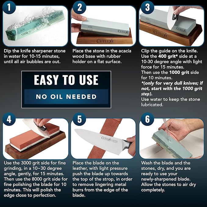 Cutluxe Whetstone Knife Sharpener ??Sharpening Stone Kit, Professional 4 Side Grit 400/1000/3000/8000, Non Slip Acacia Wood Base, Angle Guide, Black Flattening Stone, Leather Strop