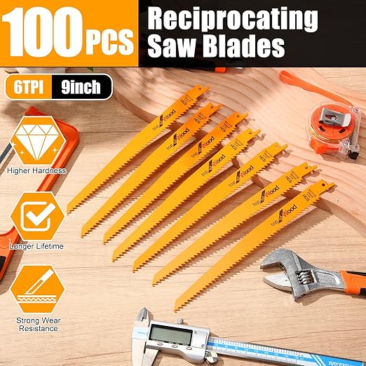 Lothee 100 Pack 6tpi Reciprocating Saw Blade Bulk Taper-Back Bi-Metal Saw Blades for Metal Woodcutting General Purpose Wood Cutting Pipe (9 Inch)