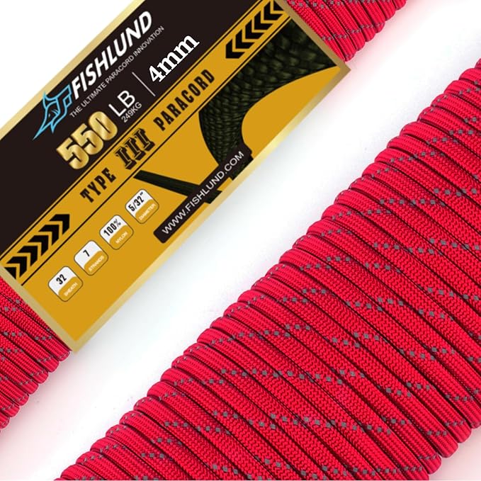 Reflective Paracord 550 lb, 7 Strand Paracord Rope 50ft 4mm, Nylon Parachute Cord for Camping, Imperial Red