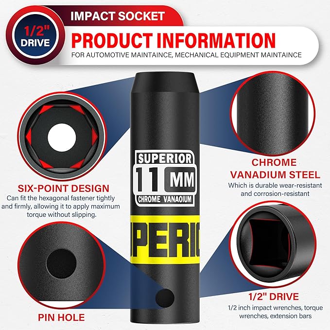 1/2" Drive Impact Socket, 11 mm Deep Socket, Metric, 6 Point, CR-V, for Automotive Maintaince, Mechanical Equipment Maintaince