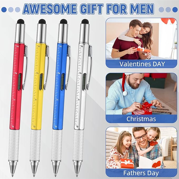 Yeaqee 40 Pcs Stocking Stuffers Bulk for Men 6 in 1 Screwdriver Multi Tool Pens with Refills Ruler Level Gauge for Party Favor Father's Christmas White Elephant Gifts (Classic Color)