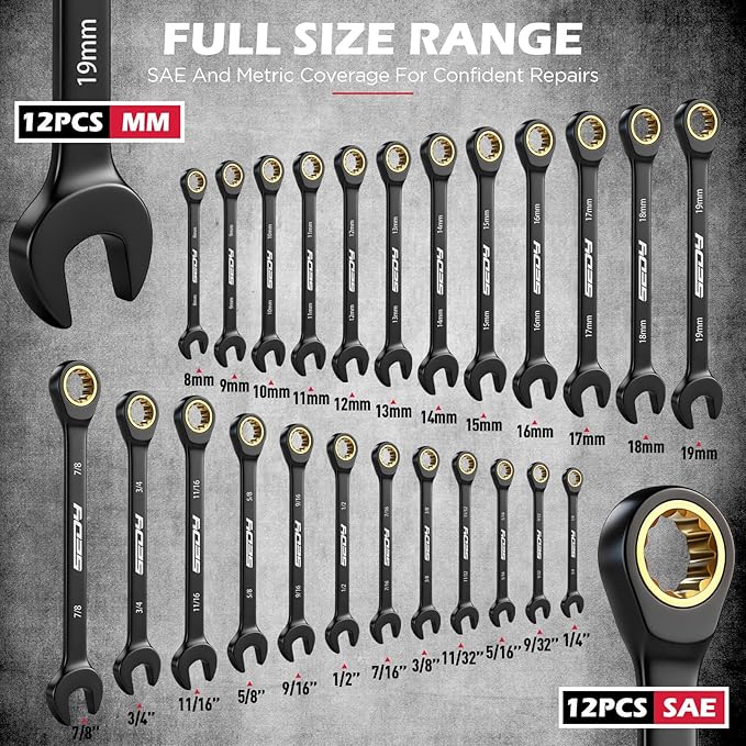 Premium 24-Piece Ratcheting Wrench Set, SAE & Metric Combination Wrenches, 8–19mm & 1/4 –7/8 inch, 72-Tooth CR-V Steel with Durable Black Finish, Ratchet Spanners with Roll-Up Tool Pouch for Repair