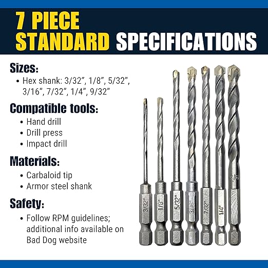 Bad Dog Standard 7 Piece Multipurpose High Speed Drill Bit Set. Carbide, Titanium, Cobalt Tip & Armor Steel Hex Shank. Made in USA. Drill Through Everything! Hardened Steel, Masonry, Wood, Tile & More