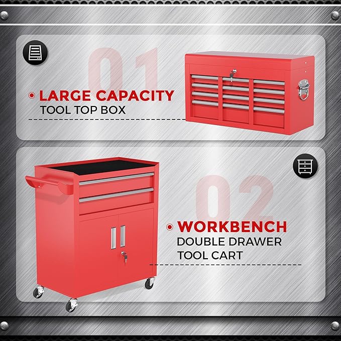 INTERGREAT 8 Rolling Drawers Tool Chest, Assembled Tool Chest with Wheels, Detachable Top Tool Box, Tool Cabinet for Repair Room,Warehouse, Rolling Tool Box with Hooks,Tray Divider,Liners, Red