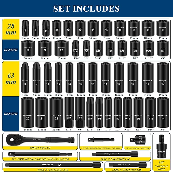 PRIDE&CRAFT 3/8" 56-Piece Impact Driver Socket Set, SAE (9/16 to 3/4 inch) and Metric (8-22mm) Sizes with Adapters, Extension Bars, Universal Joint, Torque Wrench, One Set for All, Gift for Him