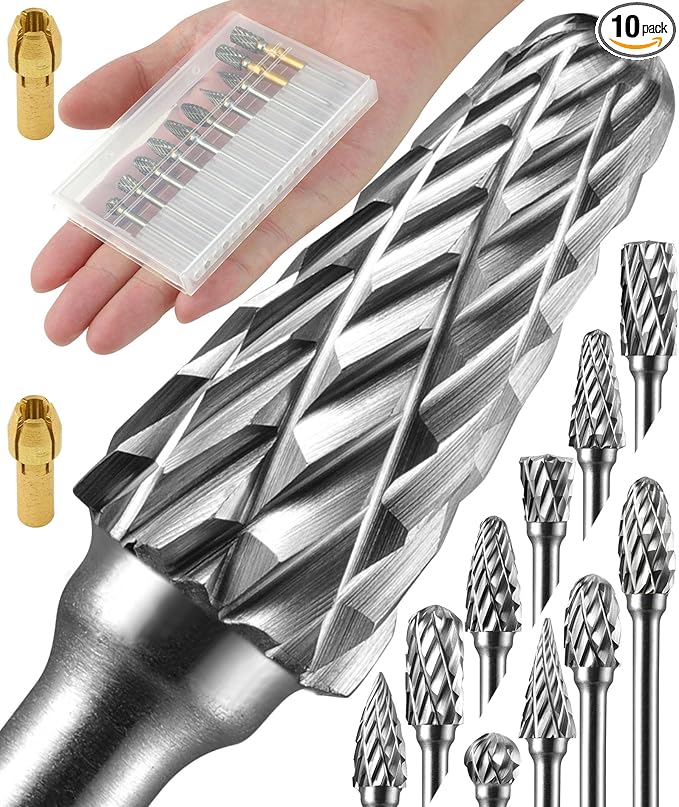 10 Pcs Carbide Burr Set 1/8" Shank w/ 2 Collets Compatible with Dremel Bits Rotary Tools Attachment Kit Rasp Drill File Accessories Metal Wood Stone Steel Grinding Carving Cutting Polishing