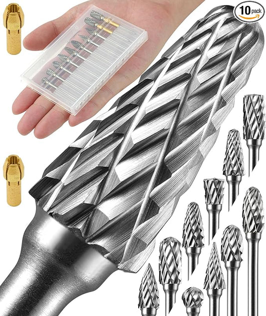 10 Pcs Carbide Burr Set 1/8" Shank w/ 2 Collets Compatible with Dremel Bits Rotary Tools Attachment Kit Rasp Drill File Accessories Metal Wood Stone Steel Grinding Carving Cutting Polishing