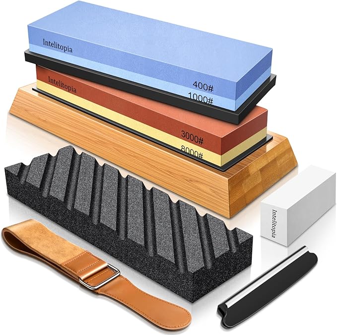 Intelitopia Complete Knife Sharpening Stone Set ??Dual Grit Whetstone 400/1000 3000/8000 Knife Sharpener with Leather Strop, Flattening Stone, Bamboo Base, 3 Non-slip Rubber Bases & Angle Guide