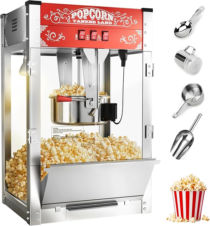 20 Oz Commercial Popcorn Machine, 1440 W, Movie Theater Popcorn Machine, Red Tabletop Pop corn Machine with 3-Switch Control & Steel Frame Tempered Glass Doors