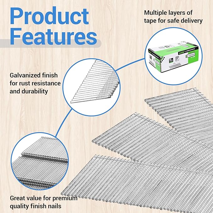 meite 15 Gauge Finish Nails 2-Inch 34 Degree Angled Galvanized Finishing Nails for Electric or Pneumatic Nailer Gun - No-Rust DA Nail for Cabinet Building Window Trim Fine Woodworking, 16,000PCS