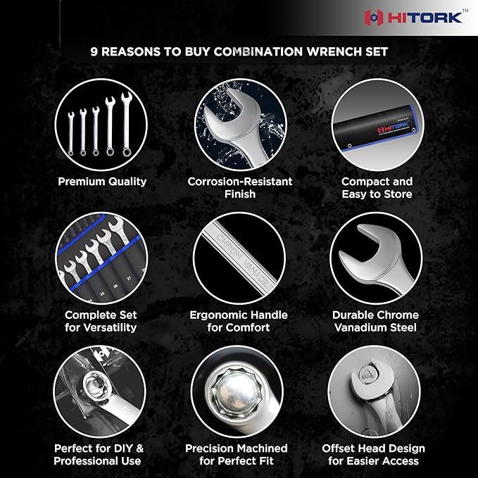 HITORK 25 Piece Metric Wrench Set (6-32 mm) CrV Steel Matt Finish with Polished Head 12 Point Box End 15째 Offset Roll Up Pouch Durable Combination Wrench Set for Home, Garage & Auto Repair