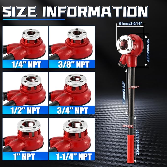 Pipe Threader Ratchet Kit竊?Manual Ratcheting Pipe Threading Tool Set with 6 NPT Dies (1/4" 3/8" 1/2" 3/4" 1" 1-1/4"),Portable Pipe Threading Tool Set for Galvanized Aluminum Iron Copper Pipes