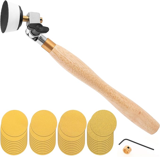 Bowl Sander Tool Kit w/Dual Bearing Head & Hardwood Handle, 42 Pieces Wood Sander Set, 2 Hook & Loop Sanding Disc Sandpaper Assortment, 1/4 Mandrel Bowl Sander